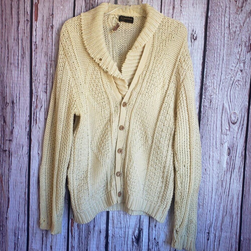 Kandahar Vintage Wool Cable Knit Shawl Collar Sweater Cardigan Wooden Medium